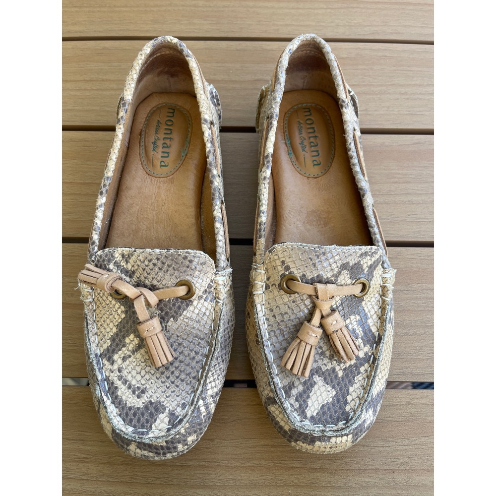 Montana Artisan Crafted Snakeskin Tassel Loafers Beige Brown Leather 8.5M Flats
